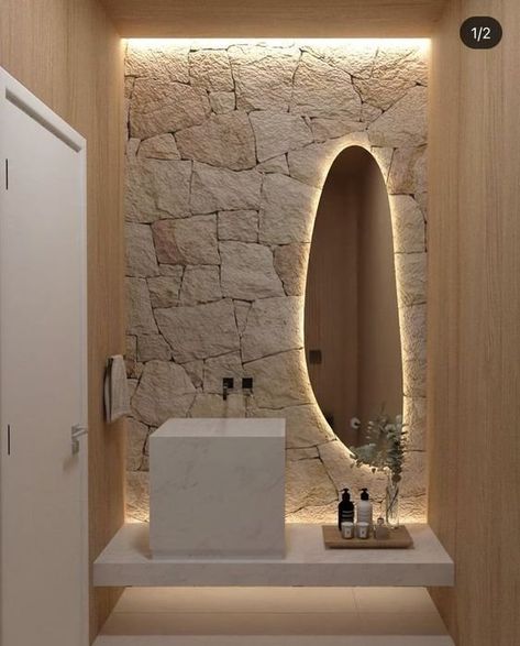 Mirror With Pebble Tilearound, Modern Spa Bathroom Stone, Full Length Mirror For Gym, Concrete With Mirror, Spa Mirror Bathroom, Freeform Bathroom Mirror, Sunken Bathroom Mirror, Bali Powder Room, Bathroom With Stone