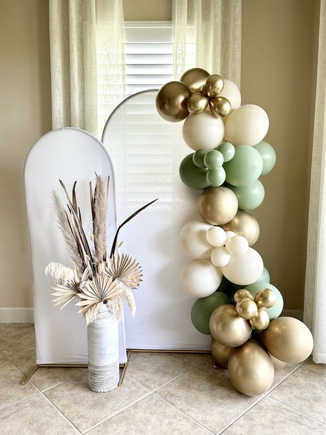 Balloon Garland Half Arch, Gold Arch Backdrop With Balloons, Eucalyptus Engagement Party Decor, Simple Balloon Arch Backdrop, Sage And Gold Decor, Sage Green And Gold Bridal Shower Ideas, Sage Green Graduation Party Decorations, Green And White Balloon Arch, Sage Balloon Garland