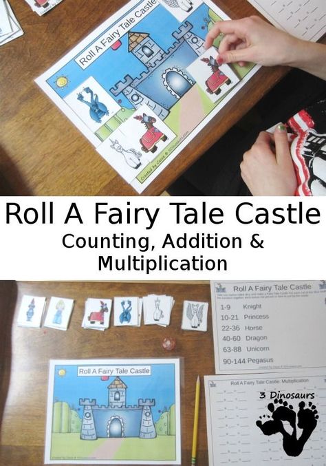 Free Fun Math: Roll a Fairy Tale Castle - count, addition, and multiplication in a fun hands-on math games - 3Dinosaurs.com Roll A Fairy Tale, Fairy Tale Math Preschool, Fairy Tale Bingo Free Printable, Fairy Tale Math Activities, Fairy Tale Math, Fairy Tale Curriculum, Castle Layout, Make Math Fun, Math Fact Games