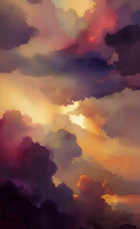 Sky Scape Painting, Watercolor Art Clouds, Above The Clouds Aesthetic, Clouds Aesthetic Painting, Colorful Clouds Painting, Monochromatic Landscape Painting, Watercolour Clouds, Watercolor Art Landscape, Watercolor Sky