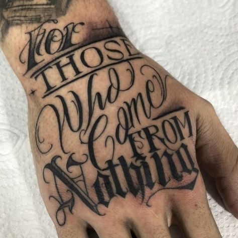 Money Hand Tattoos For Guys, Self Made Hand Tattoo, Writing Hand Tattoo, Cool Tattoos Men, Lettering Hand Tattoo, Watch Over Me Tattoo, Tattoo Fonts Ideas, Hustler Tattoo, Name Tattoo On Hand