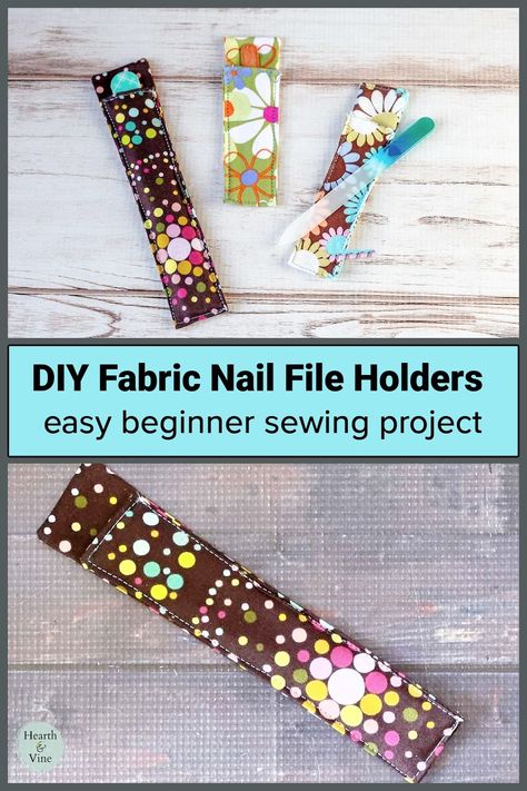 This DIY nail file holder craft is super simple. Great for a beginner sewer or anyone who wants to use up pretty scrap fabric. Diy Nail File Holder, Nail File Holder, Beginner Sewer, Luggage Tags Diy, School Craft, File Holder, Beginner Sewing Projects Easy, Scrap Fabric, Homemade Bath Products