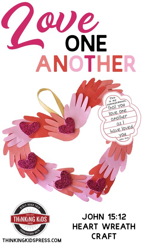 Teach your kids to love one another! Make this love one another Bible verse with a John 15:12 heart wreath craft. Love One Another Craft, John 8:12 Craft, John 3:16 Activity, John 3:16 Activities For Kids, John 13:34-35 Love One Another Craft, Heart Wreath Craft, John 15 12, Devotions For Kids, Biblical Encouragement