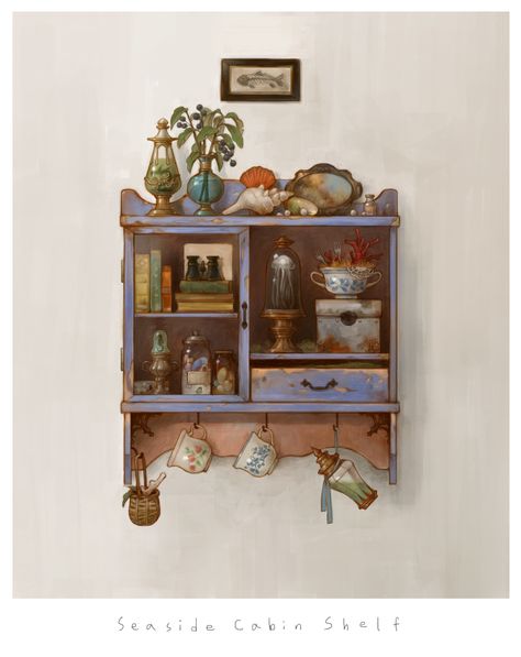 Bookshelf Art, Environment Props, Props Concept, 타이포그래피 포스터 디자인, Vintage Shelf, Props Art, Summer Illustration, Cottage Art, Prop Design