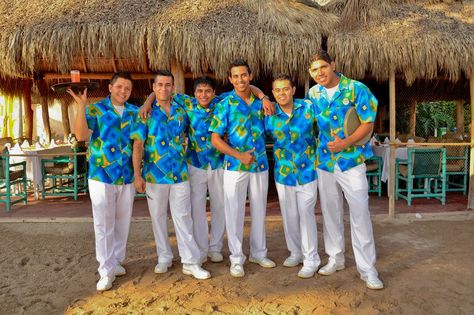 Beach staff, Friendly Vallarta Beach Uniform Staff, Resort Uniform Ideas, Resort Staff Uniform, Resort Uniform, Tropical Uniform, Mediterranean Restaurant Design, Manchester Pride, Waitress Outfit, Pride 2023