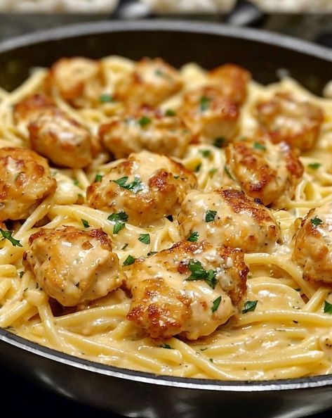 Indulge in irresistible Garlic Butter Chicken Bites paired with creamy Parmesan pasta—perfect for a quick, delicious dinner fix! #DinnerIdeas #GarlicButter #PastaLovers #QuickMeals #ChickenRecipes Creamy Parmesan Pasta, Chicken Parmesan Pasta Recipe, Garlic Butter Chicken Bites, Butter Chicken Bites, Pasta Main Dishes, Garlic Butter Pasta, Garlic Chicken Pasta, Quick Delicious Dinner, Parmesan Pork Chops