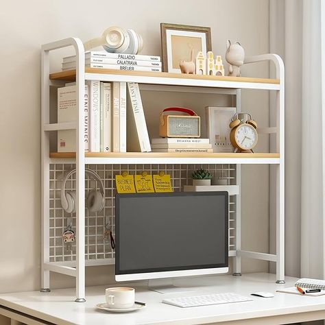 Amazon.com: IOTXY 2-Tier Desktop Hutch Bookshelf - Metal Desk Shelf Bookcase with Grid Panel, Countertop Storage Organizer Rack for Dorm or Office, White, 37.4" W : Home & Kitchen Desktop Hutch, Dorm Room Desk, Dorm Desk, Desktop Bookshelf, Grid Panel, Desktop Shelf, Dorm Furniture, Bookcase Organization, Metal Desk