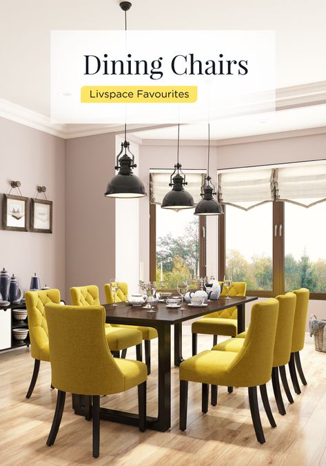 Mix it or match it, these dining chairs are comfy and stylish! #diningroom #chair #furniture #deco #interiordesign #homedecor #interiors Mustard Dining Room Chairs, Mustard Dining Room, Color Dining Room, Painted Chairs Dining Room, Yellow Dining Chairs, Dining Room Wall Color, Yellow Chairs, Colored Dining Chairs, Yellow Dining Room