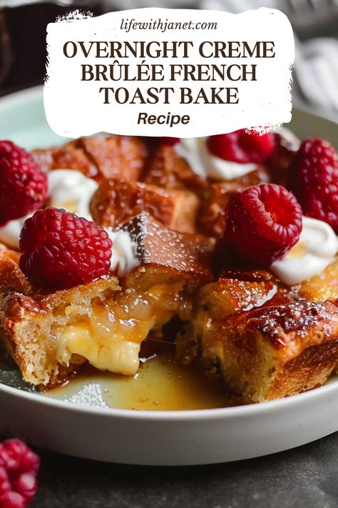 Overnight Crème Brûlée French Toast Cream Brulee French Toast, Creme Brulee French Toast Casserole, Crème Brûlée French Toast, Brulee French Toast, French Toast Bake Overnight, Creme Brulee French Toast, Baked French Toast Casserole, Thanksgiving Brunch, French Toast Casserole Overnight