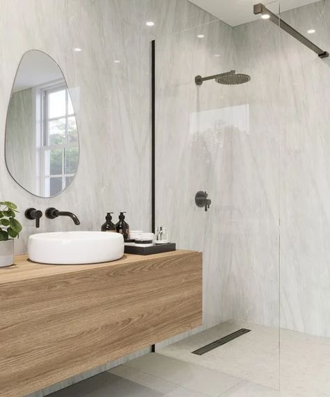 Pvc Bathroom Panels, Shower Splashback, Modern Bathroom Decoration, Grey Marble Bathroom, Acrylic Shower Walls, Light Grey Bathrooms, Bathroom Cladding, Bathroom Shower Panels, Grey Bathroom Tiles