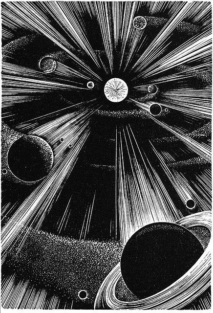 lynd ward by t. van gieson, via Flickr Scratchboard Art, Astronomy Art, Scratch Art, Wood Engraving, In Space, Art Plastique, Space Art, 그림 그리기, Linocut