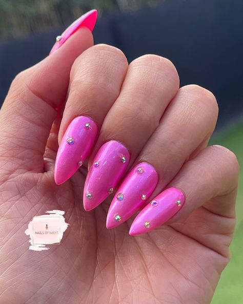 Barbie Pink Nails With Rhinestones, Hot Pink Nails With Diamonds Rhinestones, Pink Chrome Glitter Nails, Hot Pink Nails With Pearls, Hot Pink Jeweled Nails, Hot Pink Rhinestone Acrylic Nails, Pink Prom Nails Acrylic Almond, Hot Pink Nails With Jewels, Hot Pink Bridal Nails