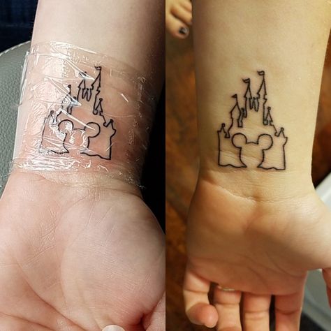 Disney Tattoos For Sisters, Disney Running Tattoo, Disney And Flower Tattoo, Disney Tattoo Ideas For Women, Disney Thigh Tattoo Ideas, Mom And Daughter Disney Tattoos, Disney Sister Tattoos For 2, Disney Memorial Tattoo, Matching Disney Tattoos For Best Friends