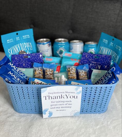 Thank you basket 
Baby boy 
Goodie basket
Nurses 
Pregnancy 
Preggo 
Snacks Labor And Delivery Gifts For Nurses, Labor Basket For Nurses, Nurse Snack Basket, Ob Nurse Gift Basket, Hospital Thank You Gifts Nurses Labor, Nurses Thank You Gifts Labor, Labor And Delivery Gift Basket, Hospital Nurse Thank You Basket, Maternity Nurse Thank You Gift