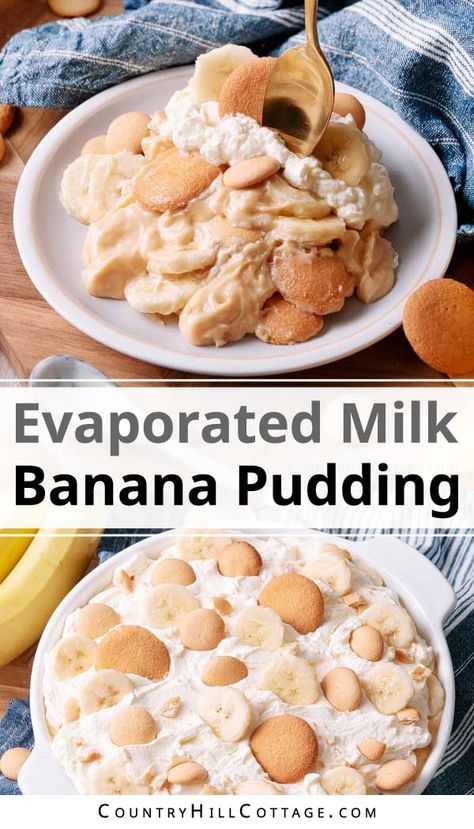 Evaporated milk banana pudding is a dreamy dessert made with a rich vanilla pudding, an abundance of fresh bananas, and layers of sweet vanilla wafer cookies. The perfect treat for holidays and special occasions! The pudding can be served laid back as a casserole in a baking dish or elegantly layered into individual dessert cups. It’s a year-round dessert that you can make for a holiday celebration, a fancy weekend dinner, or just because you want to treat yourself! | CountryHillCottage.com Banana Pudding With Evaporated Milk, Individual Dessert Cups, Creamy Banana Pudding, Vanilla Wafer Cookies, Banana Crumb Cake, Cheese Dessert Recipes, Evaporated Milk Recipes, Old Fashioned Banana Pudding, Banana Cake Recipe Easy