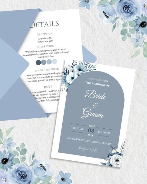 Tying the knot? 💍 Celebrate your love story with our dusty blue invitation. Purchase our Dusty Blue Wedding Invitation Template today and add more elegance to your special day! ✨ Pages Include: -Save the Date -Front (Invitation) -Entourage -Details -Wedding Timeline Bundle also available. Includes: -Invitation template (6 pages) -Proposal Card Template for Bridesmaid, Groomsmen, Principal Sponsors, maid of Honor, Best Man -Table Numbers -Money envelope (2 designs) -Thank you tags (3designs... Wedding Invitation Front Page, Dusty Blue Invitation, Blue Wedding Invitation Template, Dusty Blue Wedding Invitation, Bridesmaid Groomsmen, Blue Wedding Invitation, Wedding Motifs, Money Envelope, Dusty Blue Wedding