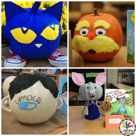 Bad Guys Pumpkin Book Character, Pumpkin Book Report Ideas, Pumpkin Carving Book Theme, Storybook Pumpkin Ideas Easy, Literary Pumpkins Ideas, Book Themed Painted Pumpkins, Decorate A Pumpkin Like A Book Character, Pumpkin Decorating Ideas Based On Books, Book Report Pumpkin Project