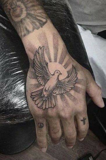 Dove With Sun Rays Tattoo, Cross And Sun Tattoo, Bird Hand Tattoo, Herren Hand Tattoos, Tato Tradisional, Dove Tattoo Design, Dove Tattoos, Tattoo Placements, Dove Tattoo