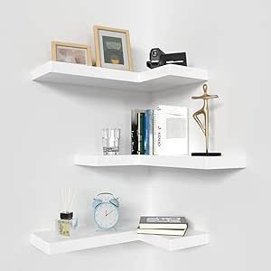 NATURE'S SOURCE Corner Floating Shelves with Invisible Brackets, Corner Shelves Wall Mounted Set of 3, Wall Shelves for Bedroom Bathroom Kitchen Living Room Office- Modern Style 17" x 6" (White) White Corner Shelf, Corner Floating Shelves, Floating Corner Shelves, Corner Wall Shelves, Corner Display, Shelves Wall, White Shelves, Corner Wall, Mounted Shelves