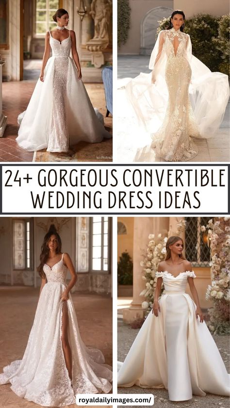 convertible wedding dresses Wedding Dress With Short Skirt, Wedding Dress With Removable Skirt And Sleeves, Wedding Gowns With Removable Skirt, Mermaid Wedding Dress With Removable Skirt, Wedding Gown Removable Skirt, Convertible Ball Gown Wedding Dress, Reception Wedding Dress Ideas, Ceremony And Reception Dress, Transformative Wedding Dress