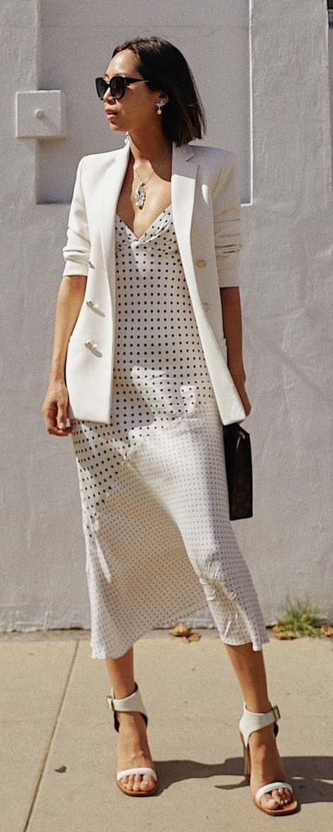 Aimee song, white outfit, blazer and slip dress Slip Dress Blazer Outfit, Midi Dress And Blazer Outfit, Blazer And Slip Dress, Slip Dress And Blazer, Slip Dress Winter, Blazer And Dress Outfit, Blazer Over Dress, Opera Outfits, Dress With Blazer Outfit