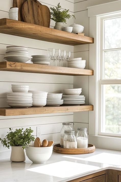 "Add a touch of elegance to your kitchen with Open Shelving! 🥘✨ A great way to display your favorite items and keep things organized. 🌿✨ #OpenShelvesInspiration #KitchenStyle #HomeDecor" Farmhouse Kitchen Counter Decor, Kitchen With Open Shelving, Kitchen Open Shelves, Kitchen Cabinet Inspiration, Kitchen Floating Shelves, Coastal Kitchen Decor, Kitchen Shelf Decor, Floating Shelves Kitchen, Open Kitchen Shelves