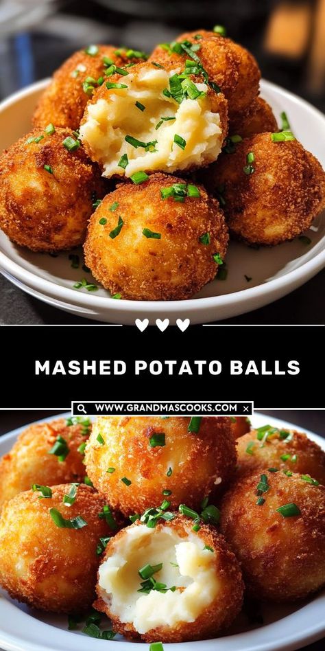 Turn leftover mashed potatoes into a delicious treat with these easy mashed potato balls. Crispy, cheesy, and loaded with flavor! Mashed Potatoes With Bread Crumbs, Mash Potato Balls Fried, Mashed Potato Stuffing Balls, Ideas For Mashed Potatoes, Stuffed Potatoes Balls, Best Loaded Mashed Potatoes, Mashed Potatoes Christmas, Individual Mashed Potatoes, Mashed Potato Presentation