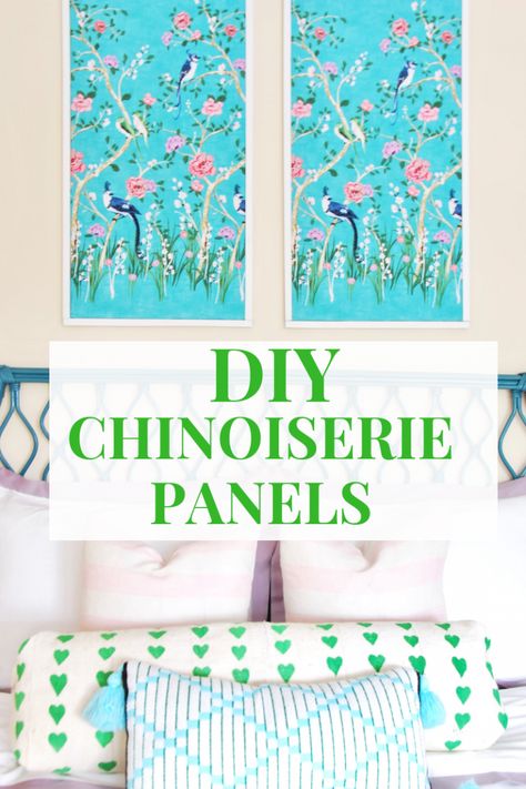 Diy Chinoiserie Painting, Chinoiserie Bathroom Decor, Diy Chinoiserie Panels, Modern Chinoiserie Interior Design, Chinoiserie Diy, Chinoiserie Interior Design, Chinoiserie Wall Panels, Chinoiserie Paintings, Diy Chinoiserie