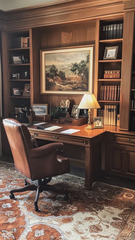 Embrace the timeless elegance of a Capricorn's traditional home office 🏛️✨ Featuring an antique desk, a luxurious leather chair, built-in bookshelves brimming with classic literature 📚, and exquisite artwork 🎨—perfect for those who appreciate sophistication and a touch of history. 🏺🖼️ Old Money Office Decor, Old Fashioned Study Home Office, Man Cave Library Study, Law Office Design Classic, Mens Library Study, Gentleman’s Office Decor, Vintage Men’s Study, Mens Study Office, Manly Office