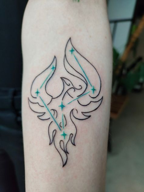 Xiao Inspired Tattoo, Genshin Impact Tattoo Ideas Xiao, Simple Genshin Tattoos, Xiao Constellation Tattoo, Genshin Constellation Tattoo, Venti Tattoo Genshin, Xiao Tattoo Genshin, Genshin Tattoo Designs, Genshin Tatoos