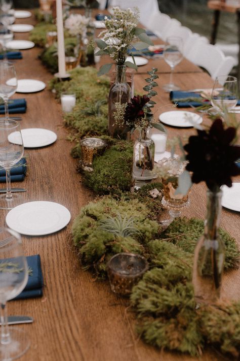 Moss Wedding Table, Mossy Wedding, Fern Centerpiece, Moss Centerpiece, Forest Wedding Decorations, Outdoorsy Wedding, Moss Centerpieces, Maine Woods, Lotr Wedding