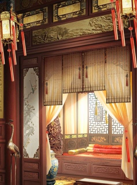 Ancient Chinese Interior, Chinese Traditional Bedroom, Chinese Bedroom Traditional, Chinese Palace Interior, Chinese Concubine, Japanese Architecture Interior, Chinese Style Bedroom, Chinese Bedroom, Ancient Background