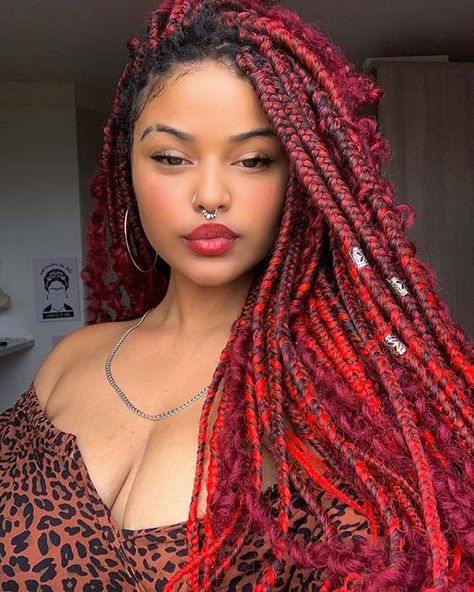 40+ Stunning Hair Colors that Compliment Darker Skin Tones – May the Ray Red Goddess Braids, Box Dreads, Hair Color For Dark Skin Tone, Hair Colors For Dark Skin, Red Box Braids, Hair Color For Dark Skin, Darker Skin Tones, Big Box Braids, Hair Color Options