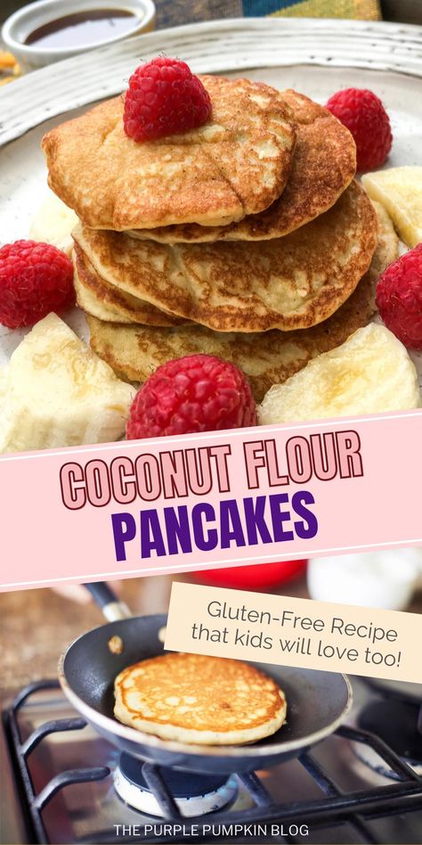 If you're looking for a gluten-free alternative to regular pancakes, these Coconut Flour Pancakes are the ones you need to make! Made with coconut milk too, they're also dairy-free and make a great breakfast or brunch. Top with your favorite fruits and some maple syrup - yum! Recipes Using Coconut Flour, Coconut Flour Pancakes Recipe, Food Scales, Coconut Flour Pancakes, Coconut Pancakes, Flour Pancakes, Brunch Spread, Purple Pumpkin, Fruit Toppings