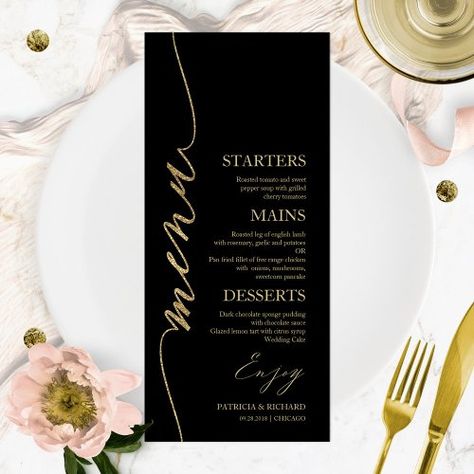 $2.55 | Fancy Script 4x9 Wedding Menu Card For Plate - wedding dinner menu, card for plate, modern, calligraphy, reception, dinner, elegant, fancy, gold foil, black and gold Wedding Menu Cards Place Settings, Chocolate Sponge Pudding, Diy Menu Cards, Pancake Dessert, Wedding Paper Plates, Paper Plates Wedding, Fancy Script, Wedding Plates, Calligraphy Wedding