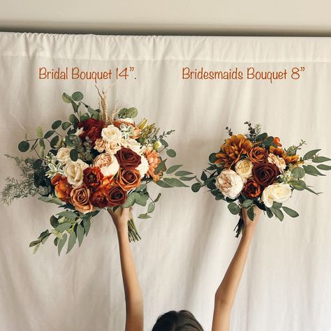 Fall Wedding Flower Decorations, Flowers Rustic Wedding, Romantic Fall Wedding Bouquet, Sage Green And Terracotta Bridal Bouquet, Flower Moxie Terracotta, Rust Bridal Bouquet Real Flowers, Rustic Burnt Orange Bridal Bouquet, Rustic Orange Wedding Bouquet, Bride Bouquets Burnt Orange