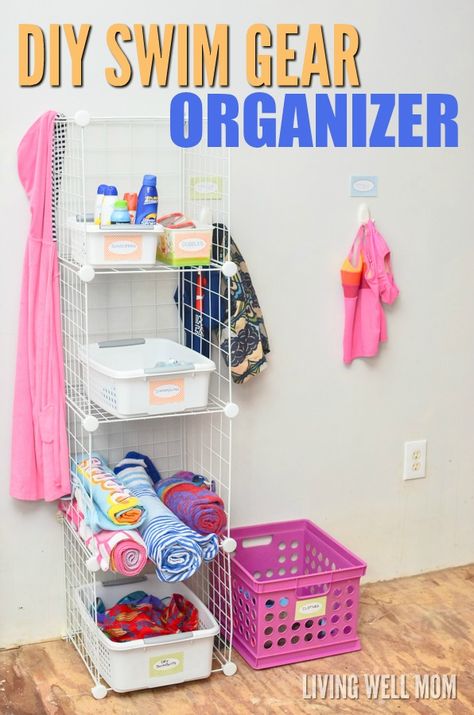 Say good-bye to piles of wet towels and swimsuits this year with this simple DIY swim gear organizer for kids! This handy easy-to-make organizer makes it easy to keep everything in one place, from sunscreen and swim diapers to beach towels and swimsuits. Get the how-to here: Summer Organization, Pool Organization, Diy Swimsuit, Crafts For Teens To Make, Gear Organizer, Organized Living, Stay At Home Mom, Diy Organization, Cleaning Organizing