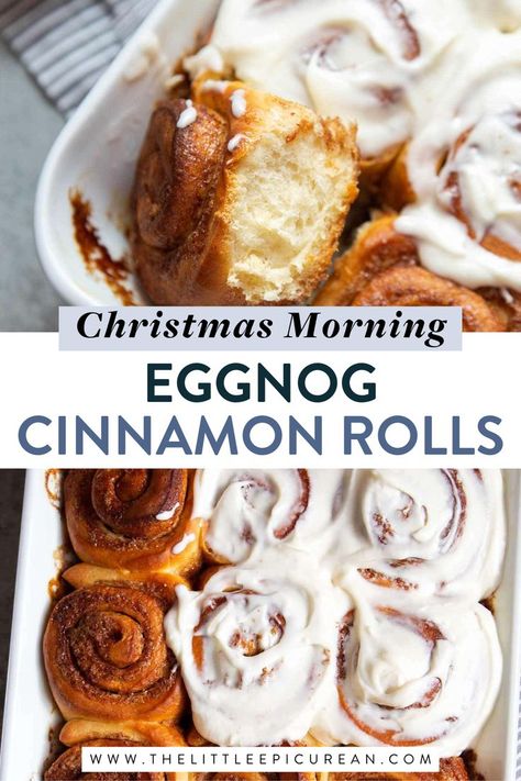 eggnog cinnamon rolls Overnight Christmas Breakfast, Eggnog Cinnamon Rolls, Eggnog Frosting, Rolls From Scratch, Cinnamon Rolls From Scratch, Spiked Eggnog, Homemade Eggnog, Dough Ingredients, Cream Cheese Spreads