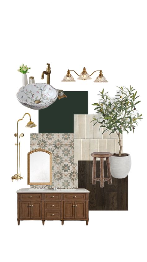 Vintage mood board bathroom green gold sink shower Dark Sage Green Bathroom, Green Bathroom Mood Board, Green Vintage Bathroom, Vintage Green Bathroom, Sage Green Bathroom, Bathroom Mood Board, Dark Green Vintage, Dark Sage Green, Dark Sage