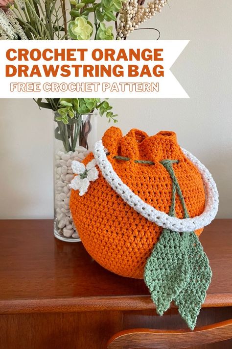 Summer Crochet Patterns Free, Bag Free Crochet Pattern, Crochet Orange, Purse Patterns Free, Crochet Drawstring Bag, Drawstring Bag Pattern, Knitting Bag Pattern, Summer Purse, Crochet Bag Pattern Free