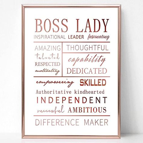 Amazon.com: Boss Lady Office Decor Rose Gold 12"×8.6" - Valentines Day Gift for Her Office Inspirational Desk Decor, Boss Lady Gift for Boss Women Girl with Gift Box, Best Office Gift Framed Wall Art Desk Sign : Home & Kitchen Lady Boss Office Work Spaces, Office Decor Women Work Spaces, Pictures For Office Wall, Greenery Office Decor, Rustic Chic Office Decor, White And Gold Office Decor, White And Pink Office, Female Office Ideas, Elegant Home Office Ideas For Women