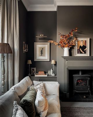 Moody Fireplace Wall, Dark Walls White Trim, Moody Tv Room, Moody Fireplace, Dark Walls Living Room, Living Room Dark, Living Room Upgrades, Dark Paint, Room Upgrade