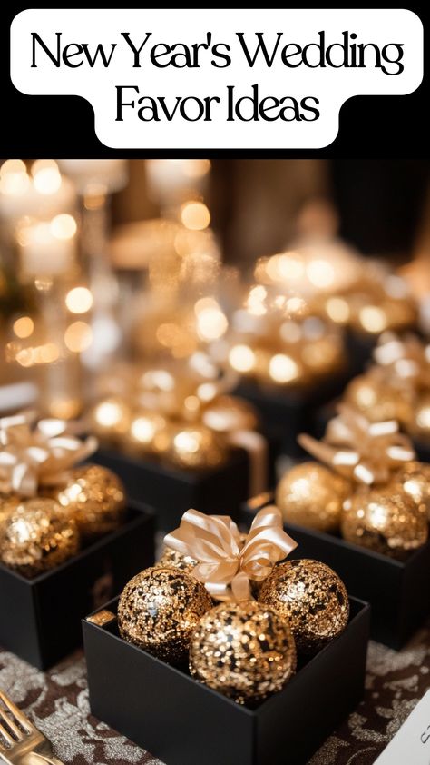 Elegant New Year's Eve wedding favors for guests. New Years Eve Party Favors For Adults, New Year’s Party Favors, Nye Wedding Ideas, Elegant Party Favors, Gold Party Favors, Italian Wedding Favors, New Year's Eve Wedding, New Years Wedding, Wedding Favor Ideas