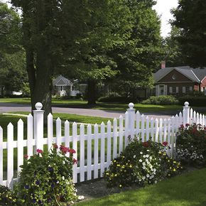 cape cod fence styles | Bufftech Concave Cape Cod Vinyl Fence - Discount Fence Supply Fence With Flowers, Vinyl Picket Fence, Backyard Fence, White Fence, Backyard Privacy, Fence Styles, Front Yard Fence, White Picket Fence, Modern Fence