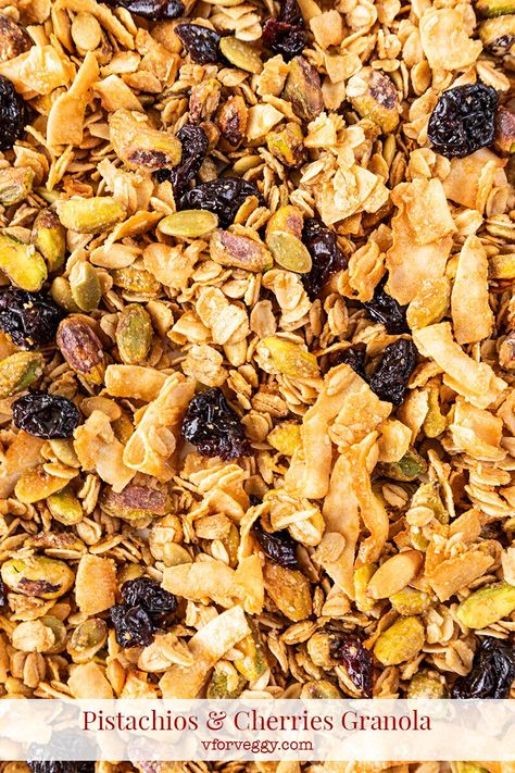 Level up your breakfast with this easy granola recipe featuring crunchy pistachios with soft and sour dried cherries. Salt, maple syrup, and olive oil make for crispy and flavorful granola. Pistachio Granola, Cherry Granola, Cinnamon Sugar Muffins, Easy Granola Recipe, Easy Vegetarian Recipes, Walnut Muffins, Easy Granola, Fruit Diet, Granola Recipe