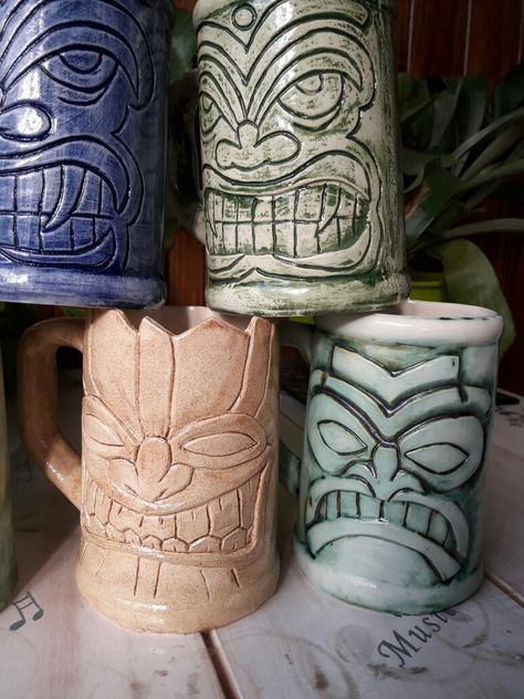 Ceramic Tiki Mug, Tiki Glasses, Clay Arts, Tiki Mugs, Pottery Projects, Tiki Bar Decor, Glaze Ideas, Pottery Inspo, Tiki Art