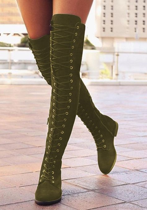 Grün Runder Zehe Chunky Reißverschluss Schnürung Flach Overknees Mode Damen Langschaft Stiefel Hak Tinggi, Heeled Lace Up Boots, Thigh High Boots Flat, High Boots Outfit, Low Heel Flats, Flat Heel Boots, Zipper Boots, Sneakers Outfit, Boots Outfit