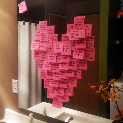 Awesome Valentine's Day Idea!!! ------------------  Leave a post-it note heart on the bathroom mirror with ALL the reasons you love him/her! Romantic Valentines Day Ideas, Diy Valentines Day Gifts For Him, Notes Diy, Thoughtful Gifts For Him, Romantic Surprise, Diy Gifts For Him, Homemade Valentines, Valentines Day Presents, Handmade Valentine