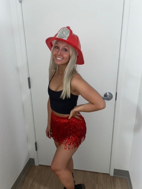 Red Shorts Halloween Costume, Police And Firefighter Halloween Costume, Halloween Costumes With Red Skirt, Fire Fighter Halloween Costume Woman, Firefighter Bachelorette Party, Fireman Halloween Costume Woman, Red Skirt Halloween Costume, Cute Firefighter Costume, Fire Fighter Costumes