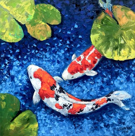 Oil Painting Koi Fish, Koi Fish Oil Painting, Koi Fish Mural, Koi Fish Pond Painting, Lucky Painting, Koi Fish Acrylic, Koi Pond Art, Koi Fish Art, Lucky Fish